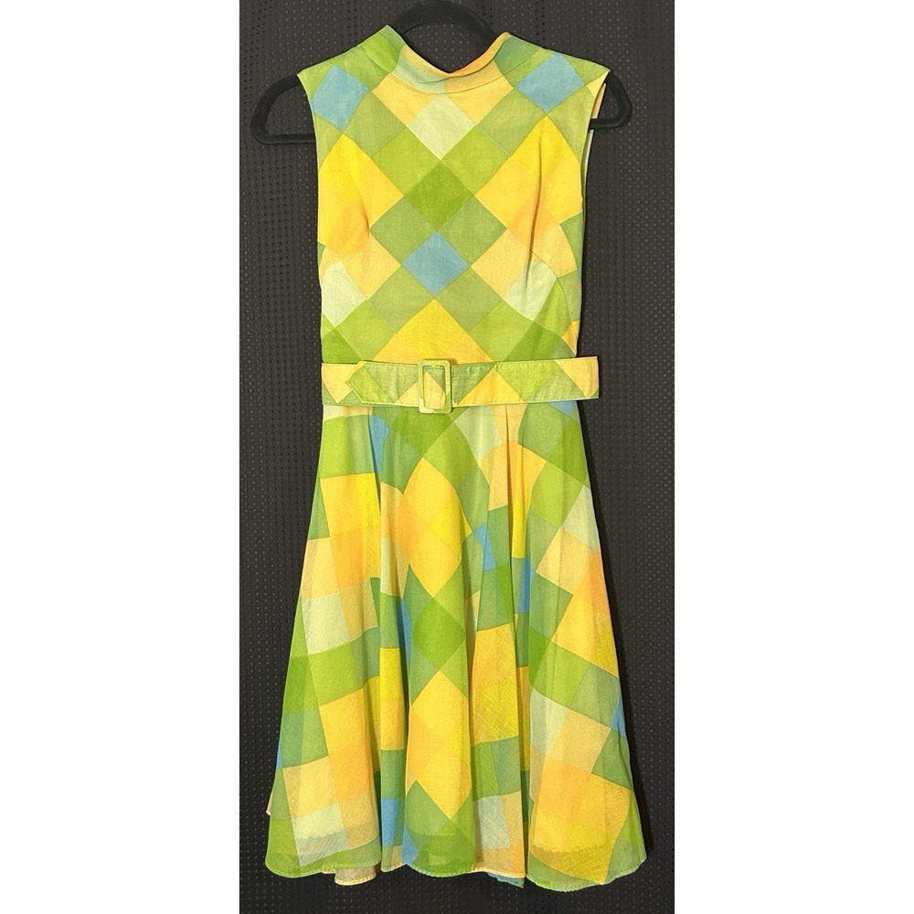 Vintage Voila A Line Yellow Green Blue Check Back Tie Accent Great Summer Dress